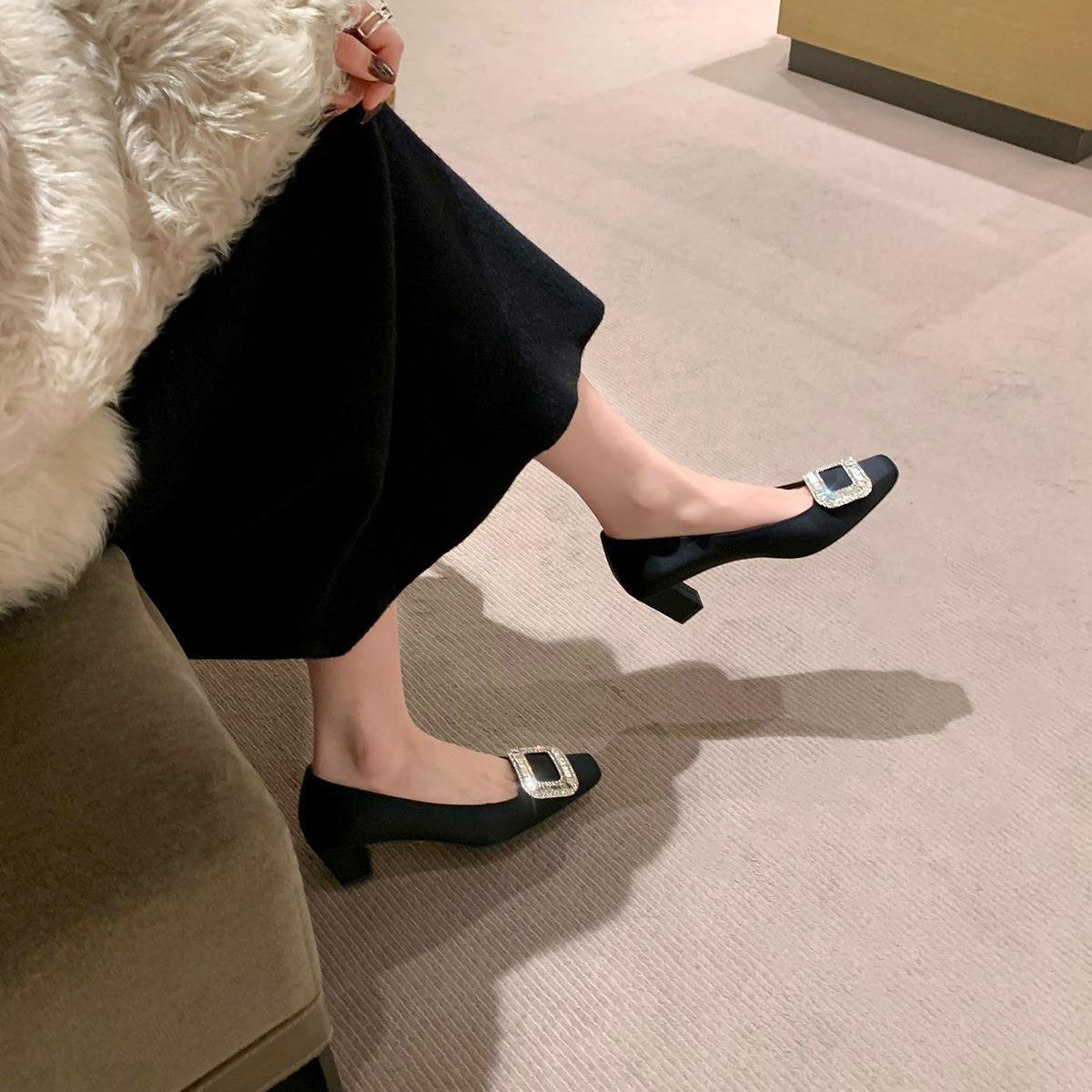 Grape Mom Studiolee evening evening style temperament rhinestone square buckle square toe shallow heel silk commuter single shoes women
