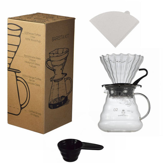 Entry-level hand-pour-over coffee utensil combination set: Gaopeng glass filter cup, cloud pot, coffee filter, paper measuring spoon