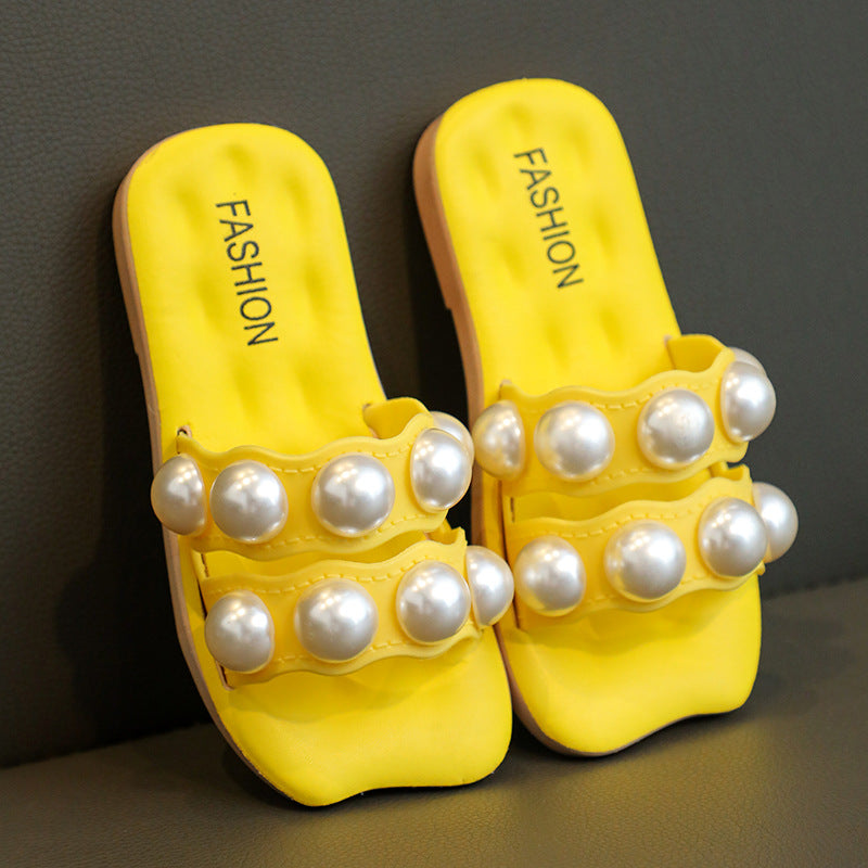 Sandals, girls' sandals, wear outside, fashion and casual big pearls, 2023 shoes, new parent-child slippers for summer