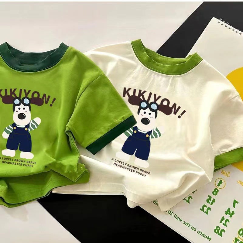 Summer new cotton small and medium-sized boys and girls short-sleeved T-shirts, children's babies cute foreign half-sleeved tops ins
