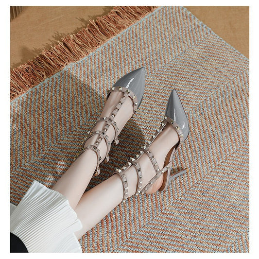 High version studded pointed-toe high heels summer 2025 European and American sexy willow ding stiletto heel three-ring strappy sandals women
