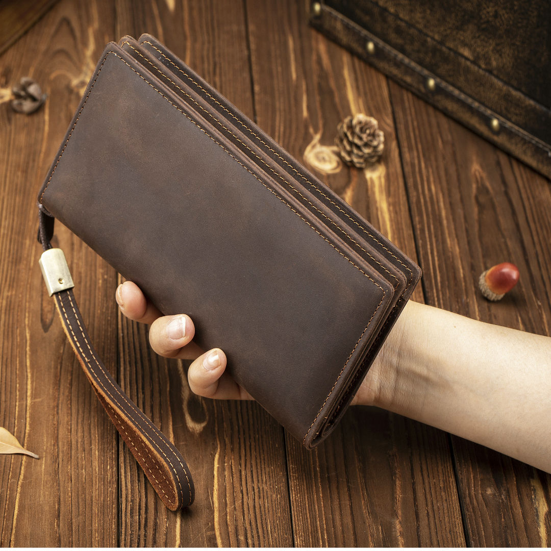 New men's clutch Crazy Horse leather long wallet tiktok zipper business clutch bag leather clutch men