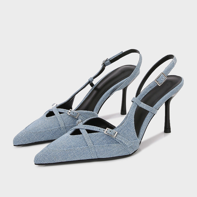 ZA2024 Spring New Arrival Women's Shoes Temperament Fashion Slingback Pointed Toe Heeled Mules Denim Toe Sandals Women