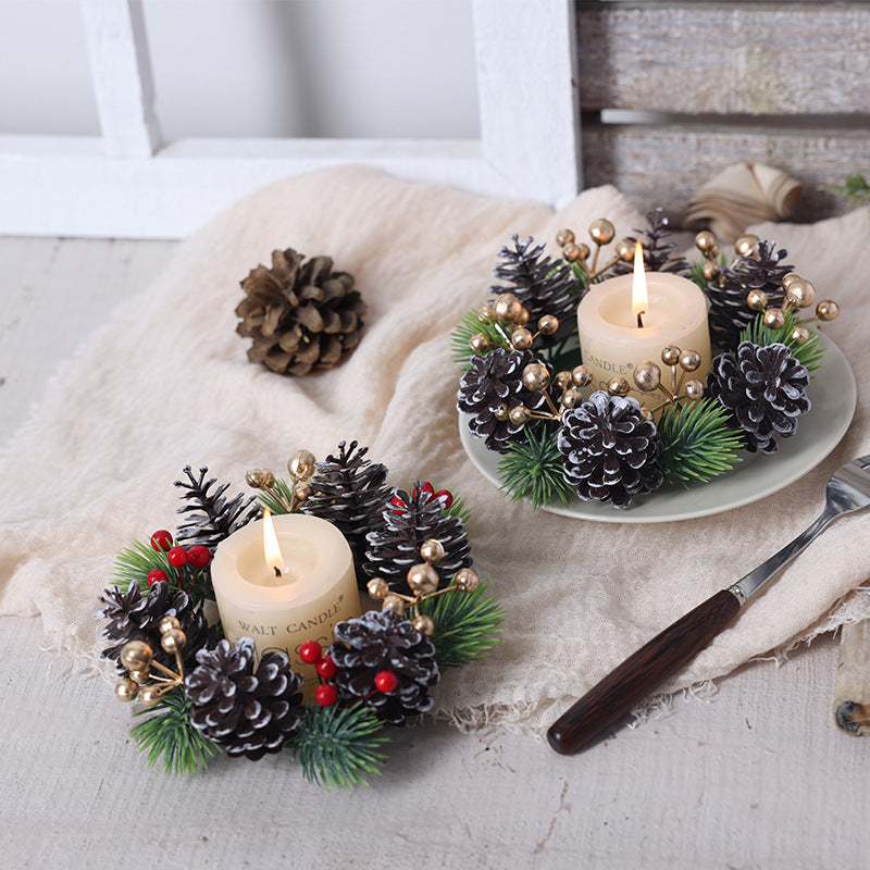Cross border simulation pine cone red fruit candle wreath desktop home decoration Christmas table setting candle holder small garland