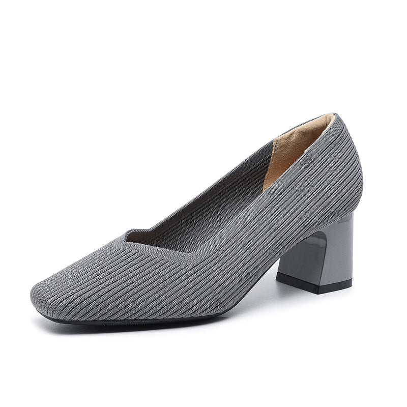 Japanese princess single shoes, women's square toe, thick heels, flying knitted shoes, comfortable and breathable, commuter high heels, breathable and versatile style