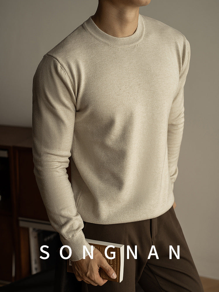 Machine washable Tencel wool solid color knitted sweater autumn and winter new crew neck long-sleeved sweater men's warm inner base shirt