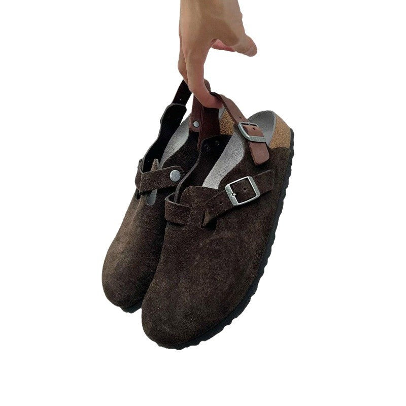 [Spot] vintage brown heel with Birkenstock shoes women's two wear leather toe single shoes thick-soled Boken half slippers