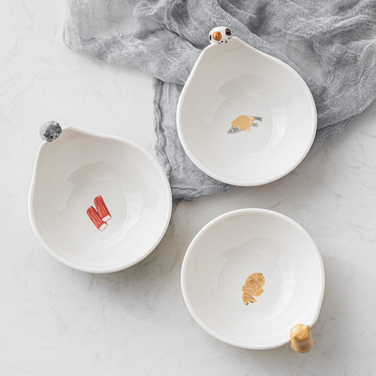 Japanese Ceramic Cat Hot Pot Bowl Sauce Bowl Cute Cartoon Dessert Salad Bowl Winter Hot Pot Bowl Three-dimensional Creativity