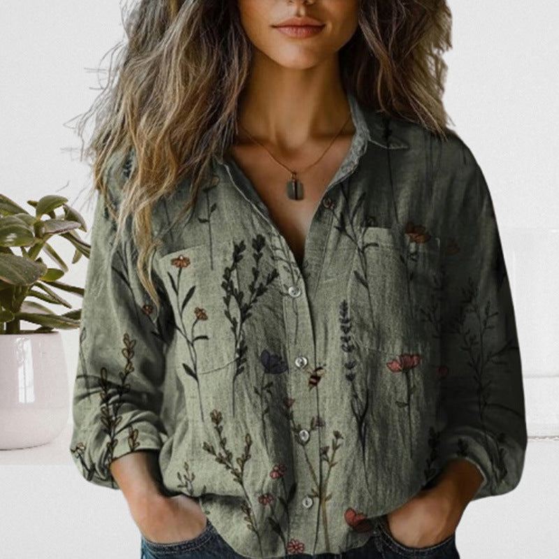 2025 Cross-border Women's Clothing TikTok Independent Station Autumn and Winter Casual Retro Women's Botanical Pattern Plus Size Shirt in Stock