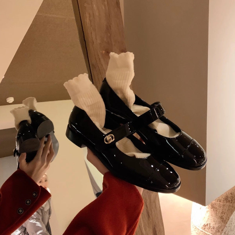 Small fragrance style Mary Jane shoes women's French one-button spring flat shoes shallow thick heels small leather shoes loafers women