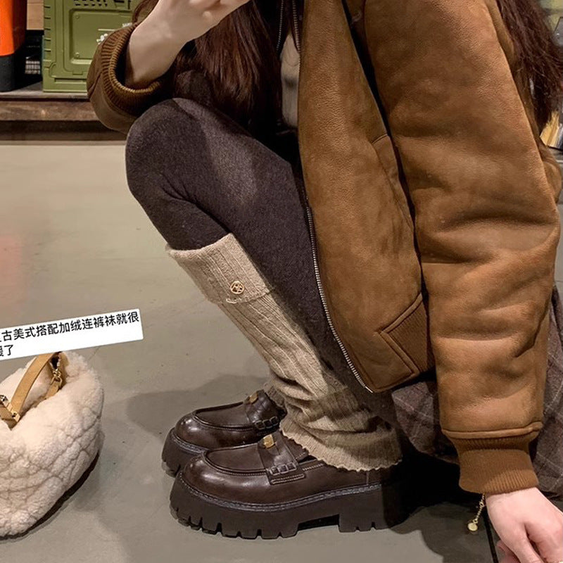 Washed cowhide ~ 5.5cm heightened thick sole small gold coin loafers female British small brown small leather shoes single shoes