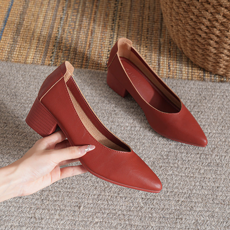 Moccasined granny shoes thick heel pointed toe single shoes women's middle heel 2024 new spring and autumn versatile soft leather pumps high heels