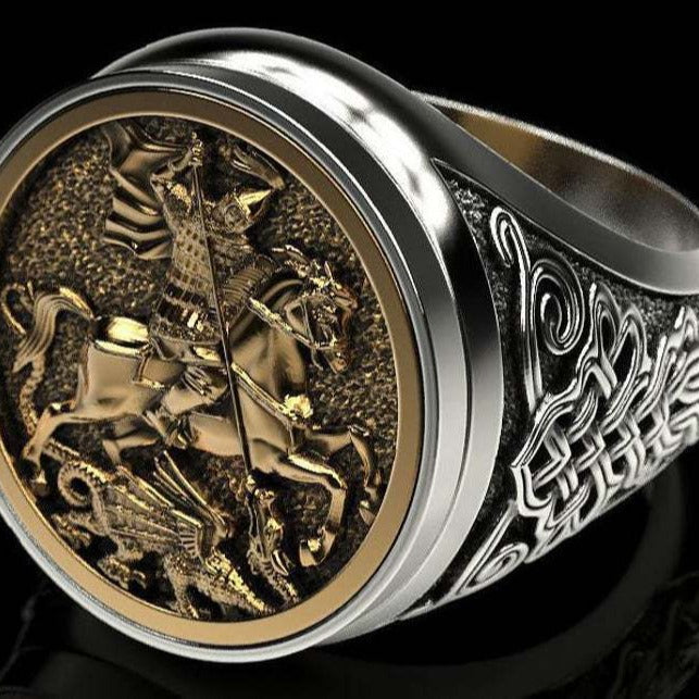 Huajie Unique Sovereign Men's Ring Portrait of St. George Plated 925 Two-Tone Roman Soldier Dragon Ring