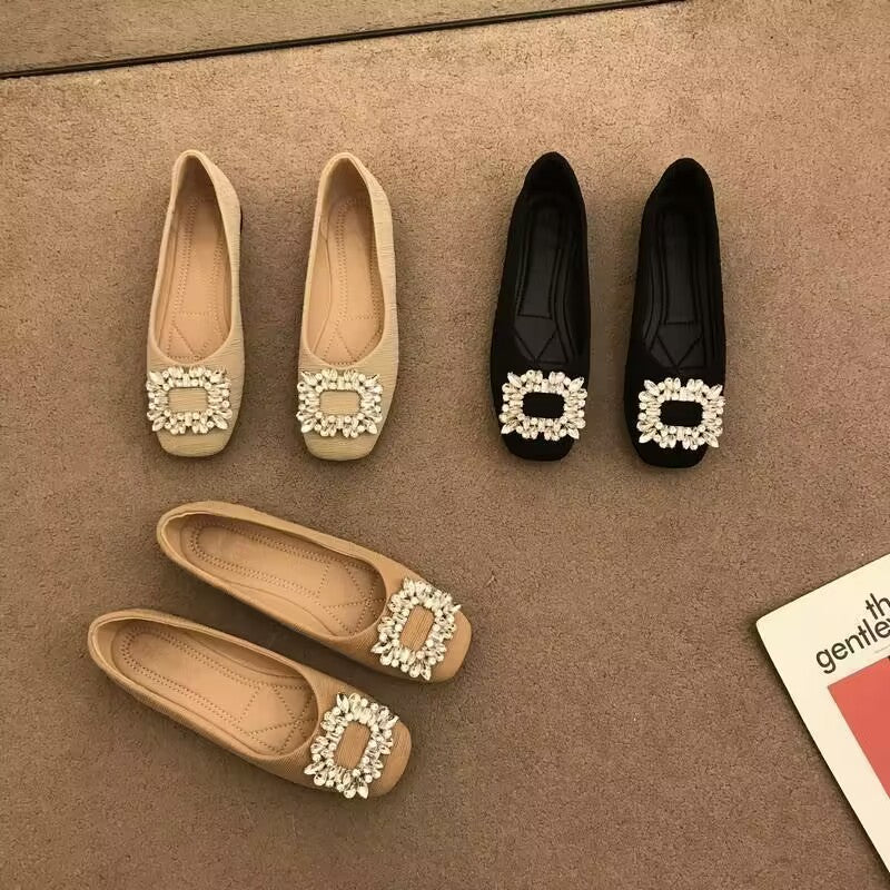 Square toe flat women's single shoes, breathable soft sole, non-slip, net red rhinestones, square buckle shallow lady shoes, beanie shoes, women's shoes