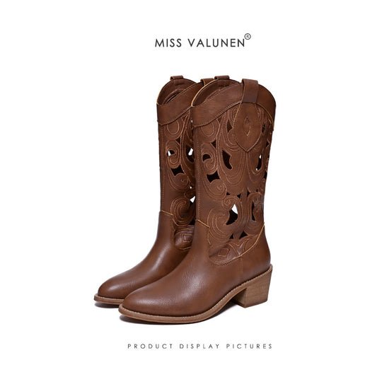 Miss Valunen boots summer cut-out western cowboy boots women's vintage embroidery boots