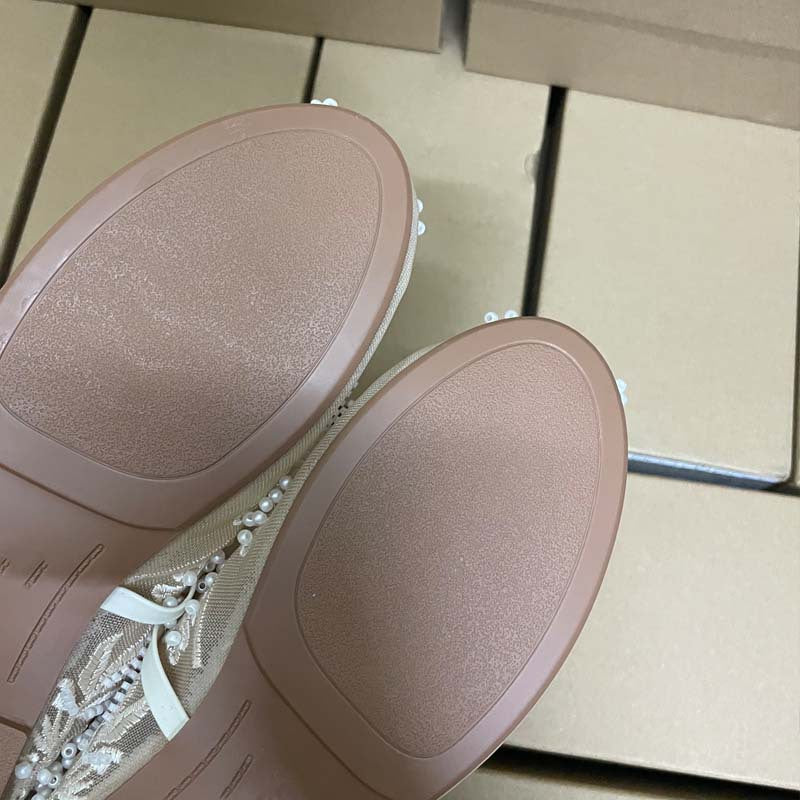 Embroidered pearl mesh ballet shoes women's fashion cut-out mesh round toe flat buckle strap Mary Jane shoes