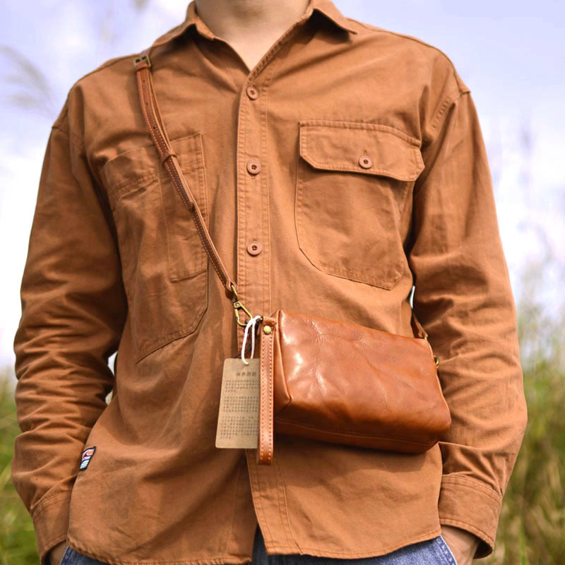 Forest small square bag, high-quality retro double zipper crossbody bag, handmade vegetable tanned leather, men's leather, mobile phone small bag