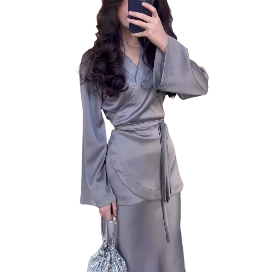 European and American Amazon cross-border foreign trade 2024 spring new satin patchwork receiving waist design sense long skirt suit women