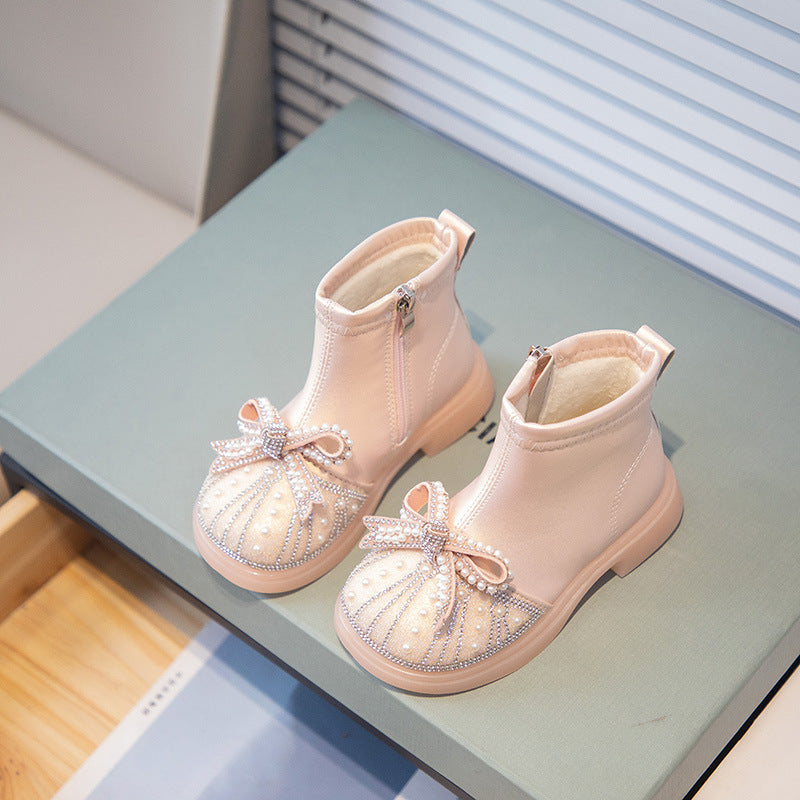 Girls' boots Fall/Winter 2025 new princess shoes Winter children's rhinestones baby girl boots soft-soled Martin boots