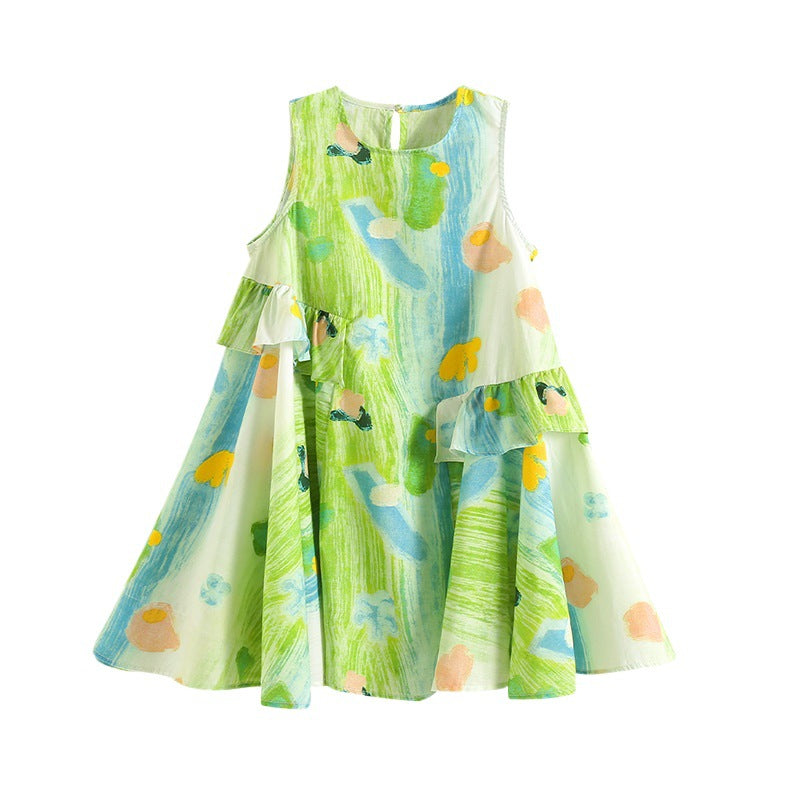 Girls Summer Dress 2025 New Style Foreign Girl Seaside Vacation Dress Summer Children's Colorful Sleeveless Skirt