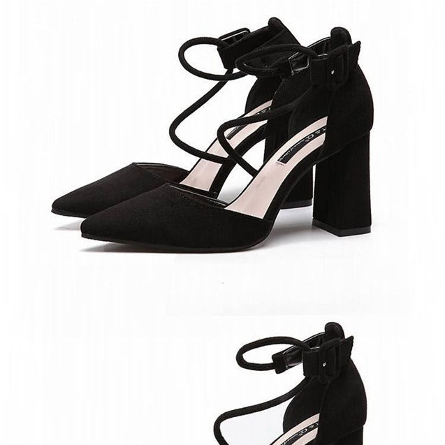 Thick heel high heels women's 2024 spring new Korean version of versatile women's shoes black pointed toe buckle single shoe women