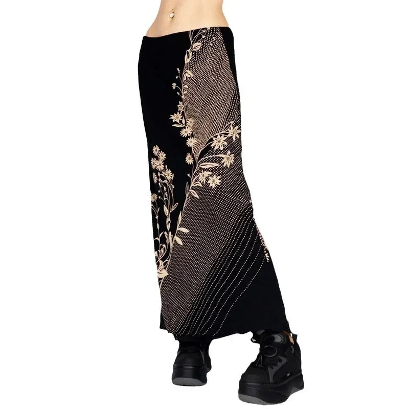ins retro style Japanese daisy print low-waisted hip skirt with a draped temperament and a thin A-line midi skirt