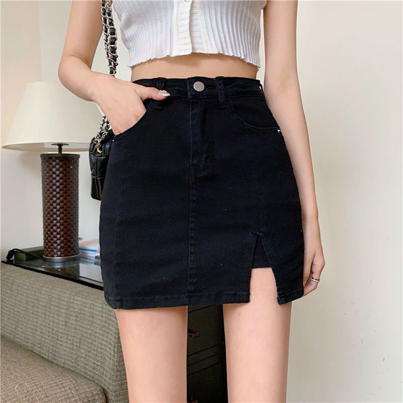 Anti-walking denim skirt ins style new stretch high-waisted A-line short skirt slit hip black skirt women