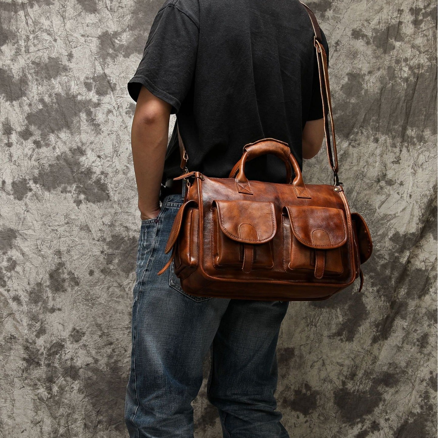 Cross-border leather men's cross-body bag vegetable tanned leather hand-polished hand-held briefcase high-end business men's bag single shoulder