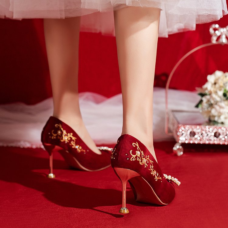 High Heels 2024 New Shoes Red Xiuhe Wedding Shoes Wedding Dress Pearl Embroidered Shoes Two Wear Wedding Women's Shoes Jinjin