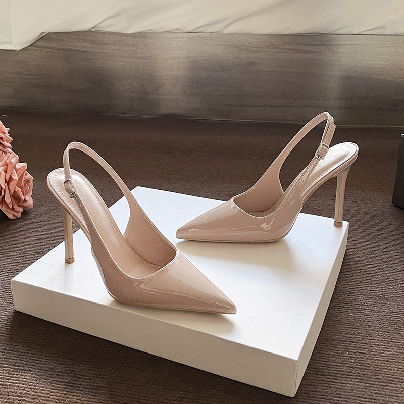 2025 summer new stiletto pointed toe back space versatile nude patent leather heels fashion korean version of high-end sandals