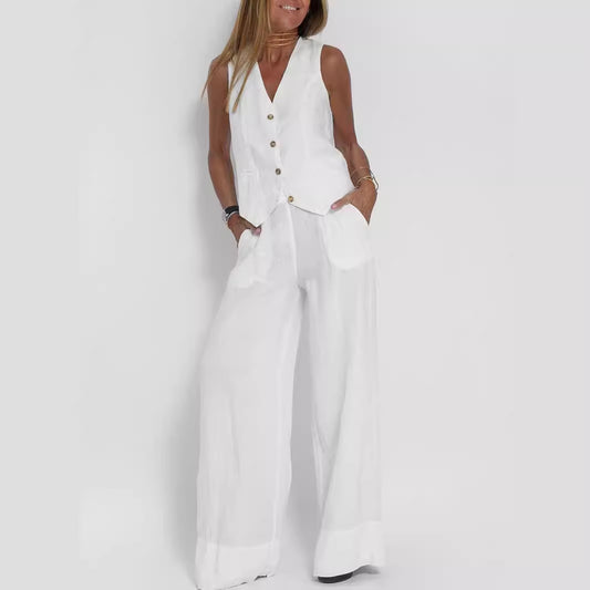 2024 European and American cross-border hot sale new fashion vest trousers, collage stitching, pure sleeveless color temperament casual suit