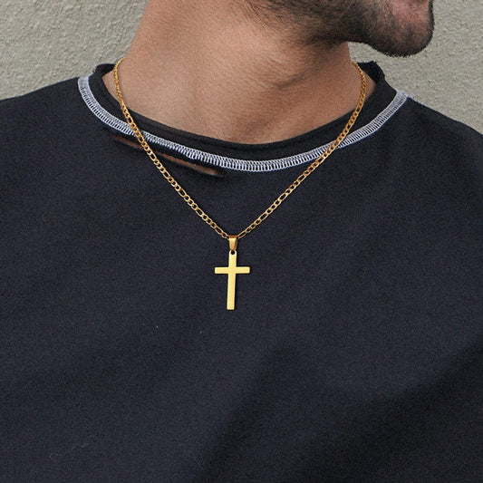 Cross Border Hot Selling 18k Gold Stainless Steel Cross Necklace Men's Figaro Chain Black Silver Gold Ten Pendant