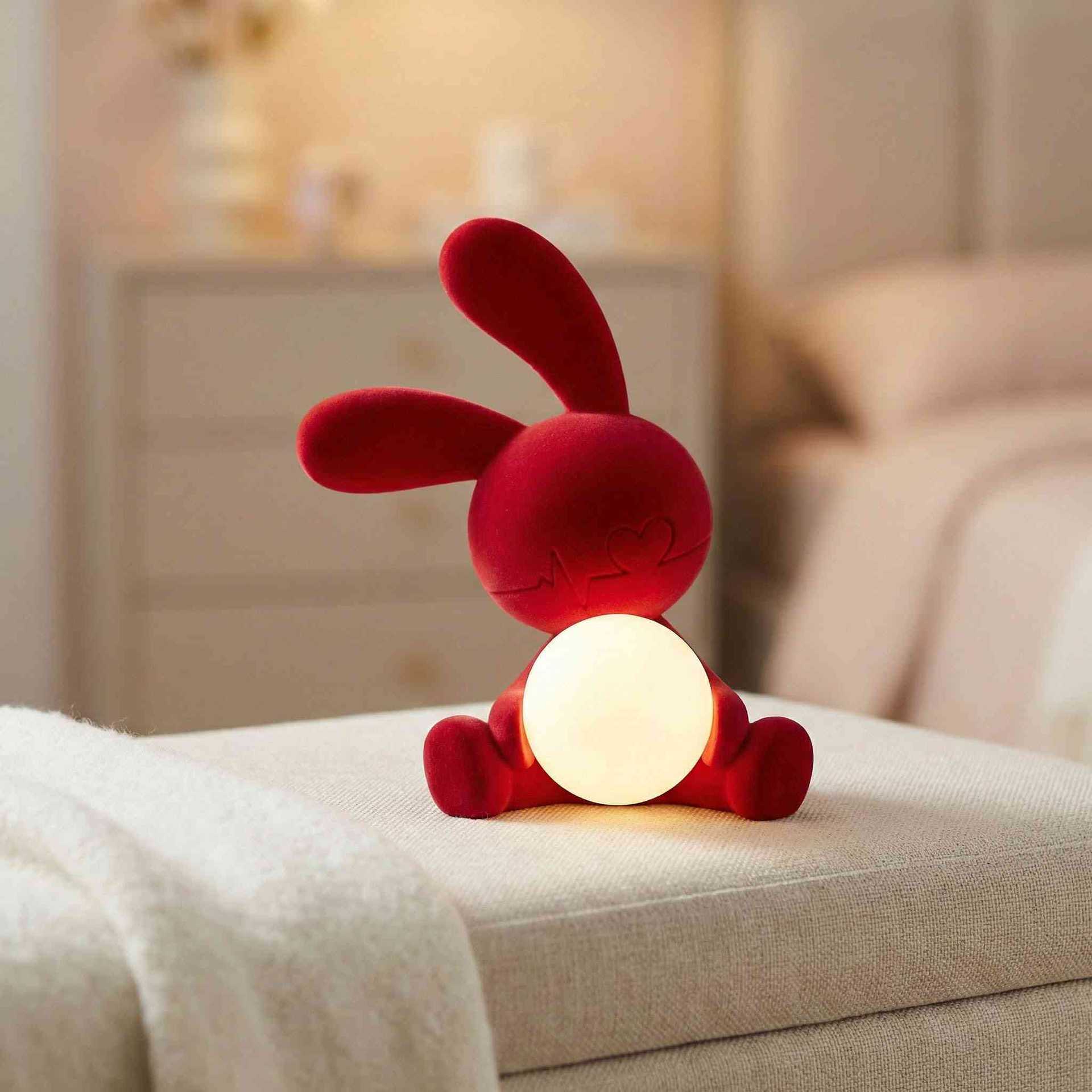 Red flocked cute rabbit night light resin desktop ornament bedroom decoration creative animal shape