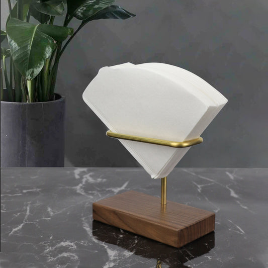Solid wood black walnut base Scalloped V-shaped filter paper shelf Wholesale vintage pour-over brass coffee filter holder