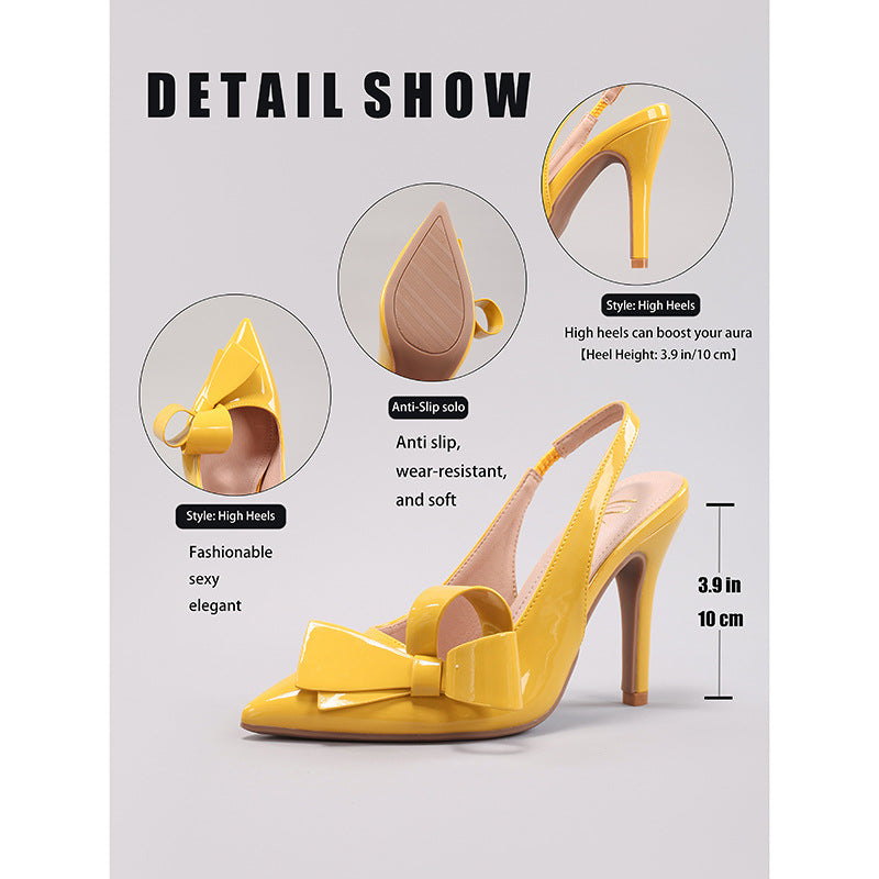 Bow high heel sandals shiny PU elegant sexy pointed toe after wedding banquet strap sandals for women crossing Europe and the United States