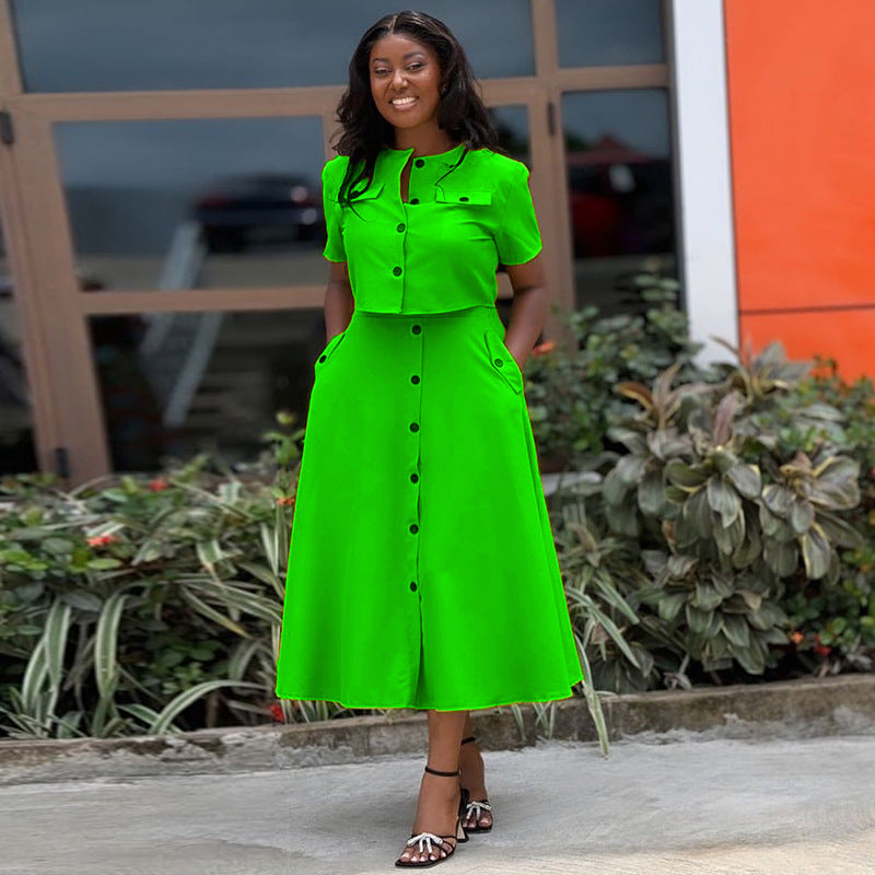 European and American cross-border women's clothing 2024 summer new temperament round neck short sleeve top high waist breasted skirt set