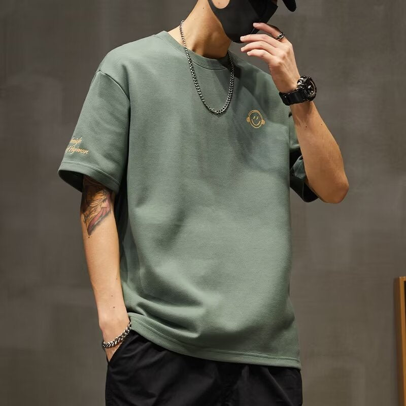 Heavy embroidery piqué cotton t-shirt men's spring summer new trend dropped shoulder short sleeve crew neck loose large size half sleeve shirt Jane