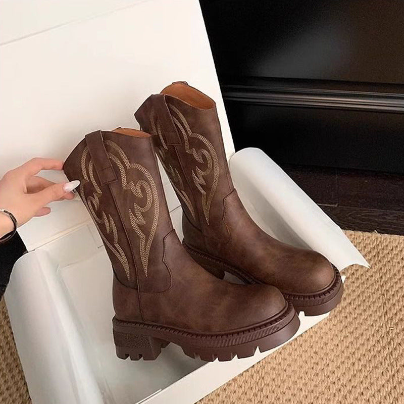 Retro soft leather platform soled versatile western cowboy boots small man kawanishi travel boots autumn and winter women's martin boots