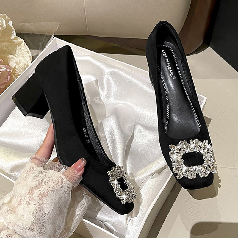 Black suede commuter high heels women's 2025 spring and autumn new square toe thick heel shallow rhinestone professional French shoes
