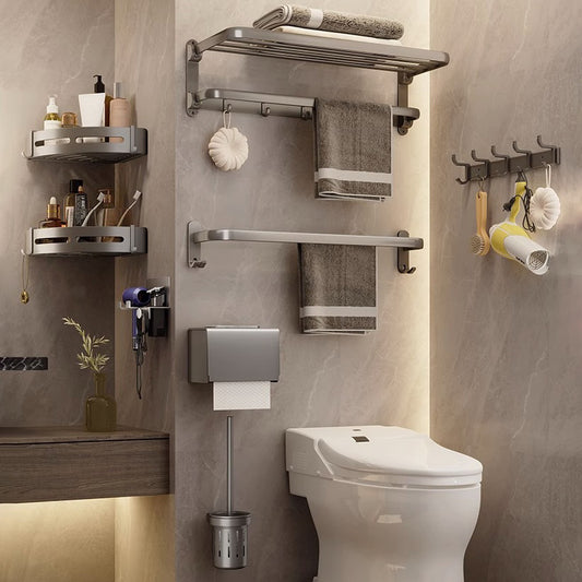 Gun gray toilet bath towel rack wall mounted bathroom towel rack non-punch space aluminum hanger clothes towel storage