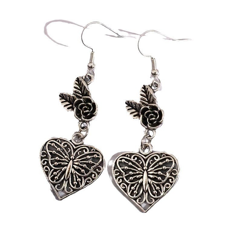 European and American cross-border jewelry: fashionable simple hollow butterfly peach heart earrings, vintage rose heart pendant earrings