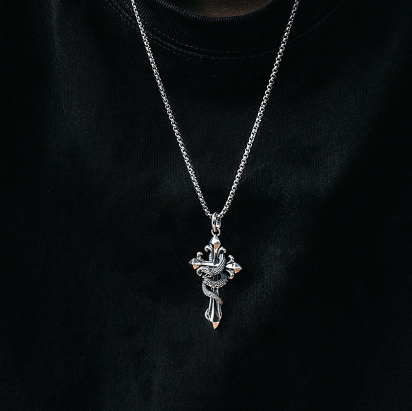 Retro national style natal year [spirit snake] kite blessing national tide cross pendant necklace male and female personality pendant necklace men