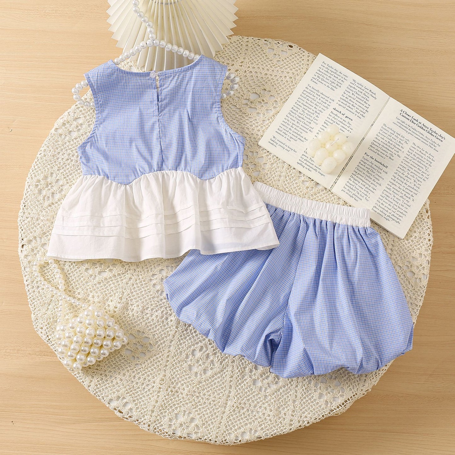 2025 Korean version of the girl's suit, summer new sleeveless blue checkered shirt dress, bud shorts, foreign two-piece set