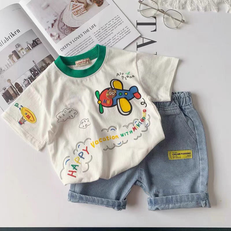 Japanese children's clothing spring and summer new boys short sleeve tops children's baby summer cartoon small airplane half-sleeved t-shirt tide