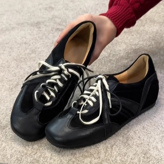 Cowhide version ~ retro black German training shoes lace-up Forrest Gump shoes women's inner height, casual board shoes, versatile sneakers