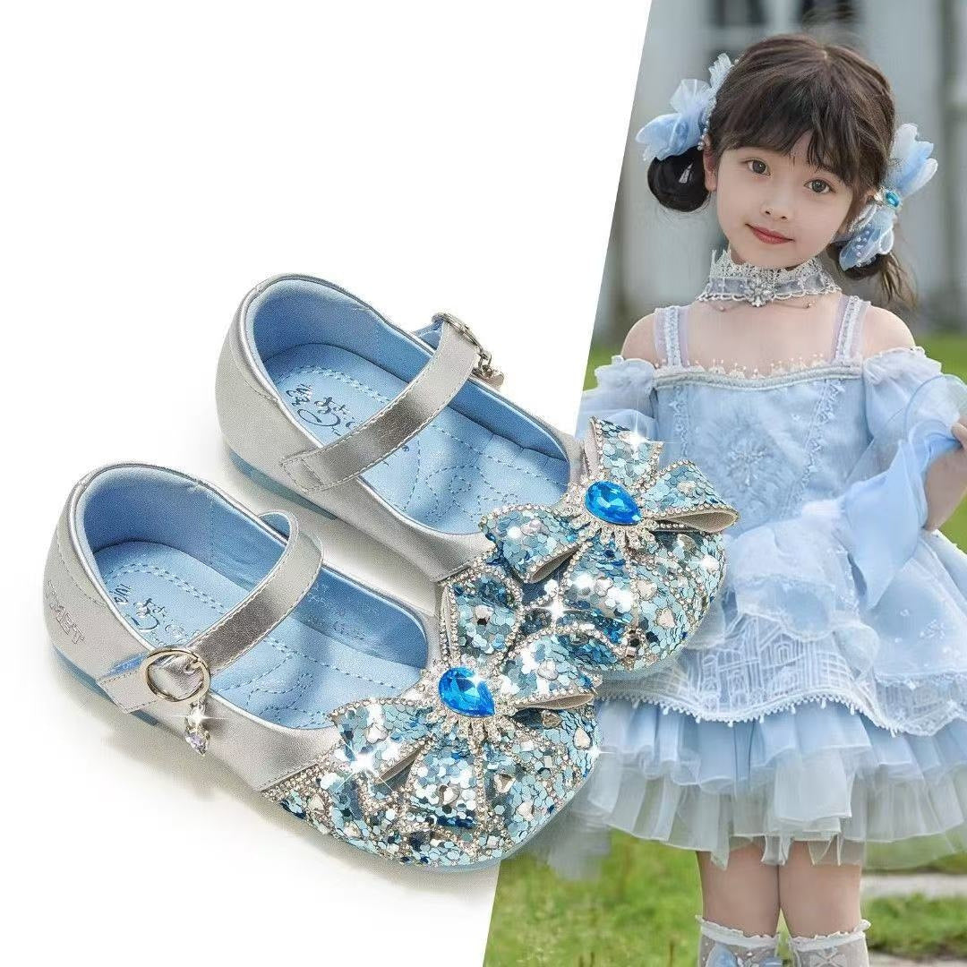 Girls' Princess Shoes 2025 New Spring/Summer Girls' Shoes Fashionable Small Leather Shoes Soft-Soled Girls' Autumn Blue Crystal Shoes