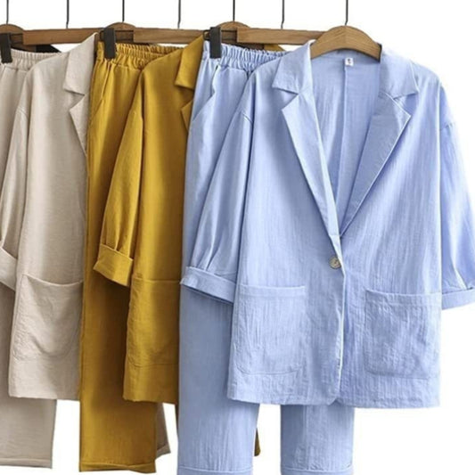 2025 European and American New Women's Autumn Commuter Suits Cotton and Linen Jacket Pants Pockets Loose Fashion Casual Wear