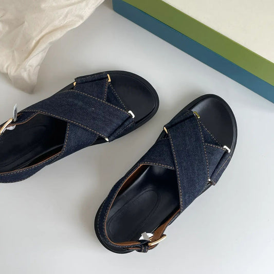 Sheepskin version ~ denim cross platform Roman sandals women wear retro open-toe genuine leather muffin sandals in summer