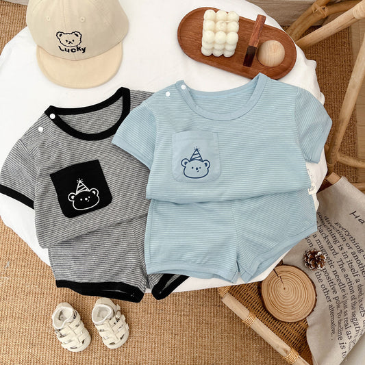 2025 Summer Korean Version Children's Casual Striped Short Sleeve Shorts Set Baby Boy Thin Cool T-Shirt Two-Piece Set