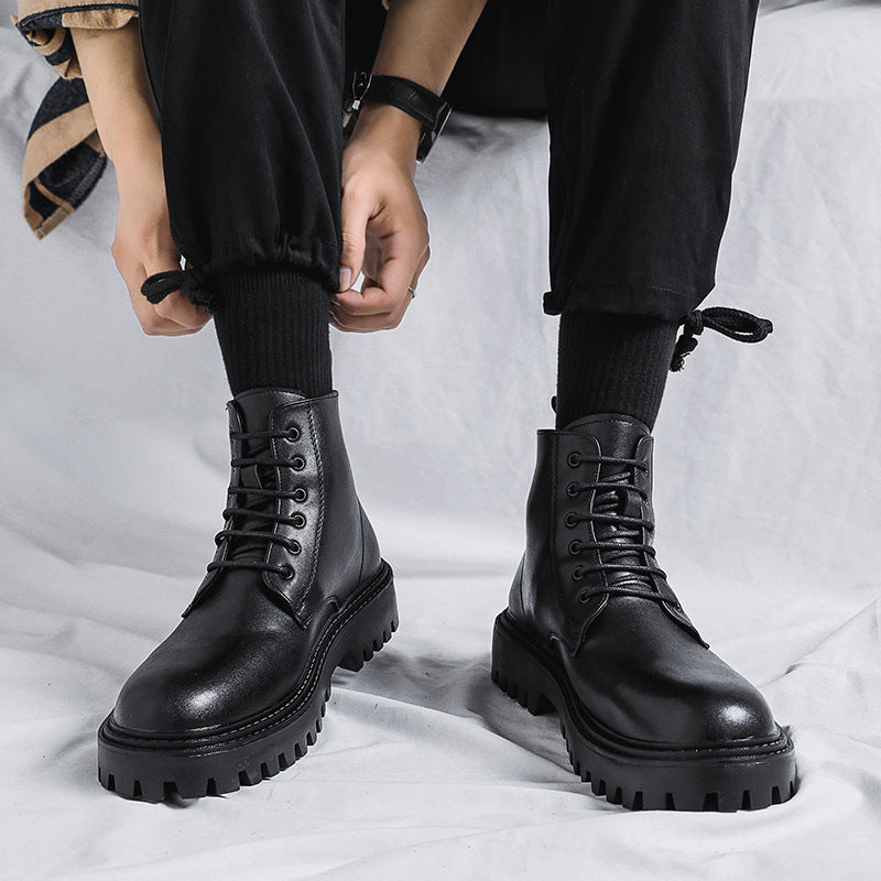 Internet celebrity popular Martin boots men's high-top trendy spring and autumn British style retro mid-top leather shoes increased black leather boots